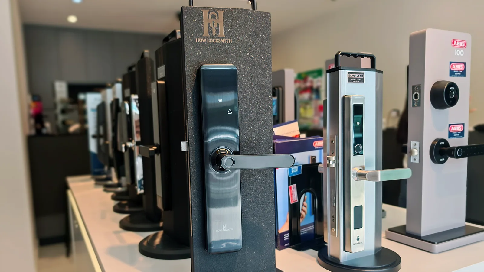 Range of smart and digital door lock brands stocked and installed at a How Locksmith showroom
