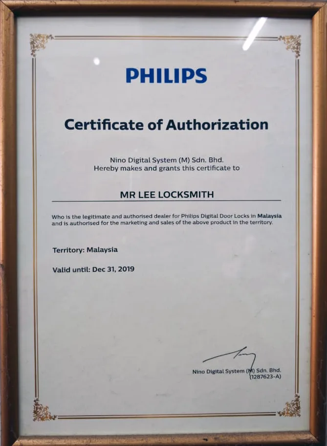 Mr Lee Locksmith Mahkota Cheras Philips digital lock authorized-dealer award