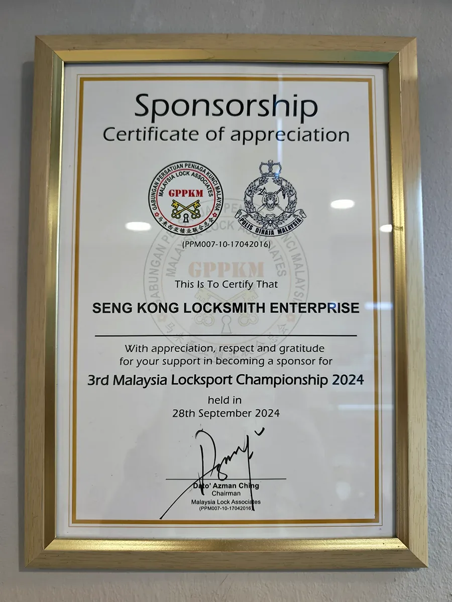 Seng Kong Locksmith — recognized by GPPKM