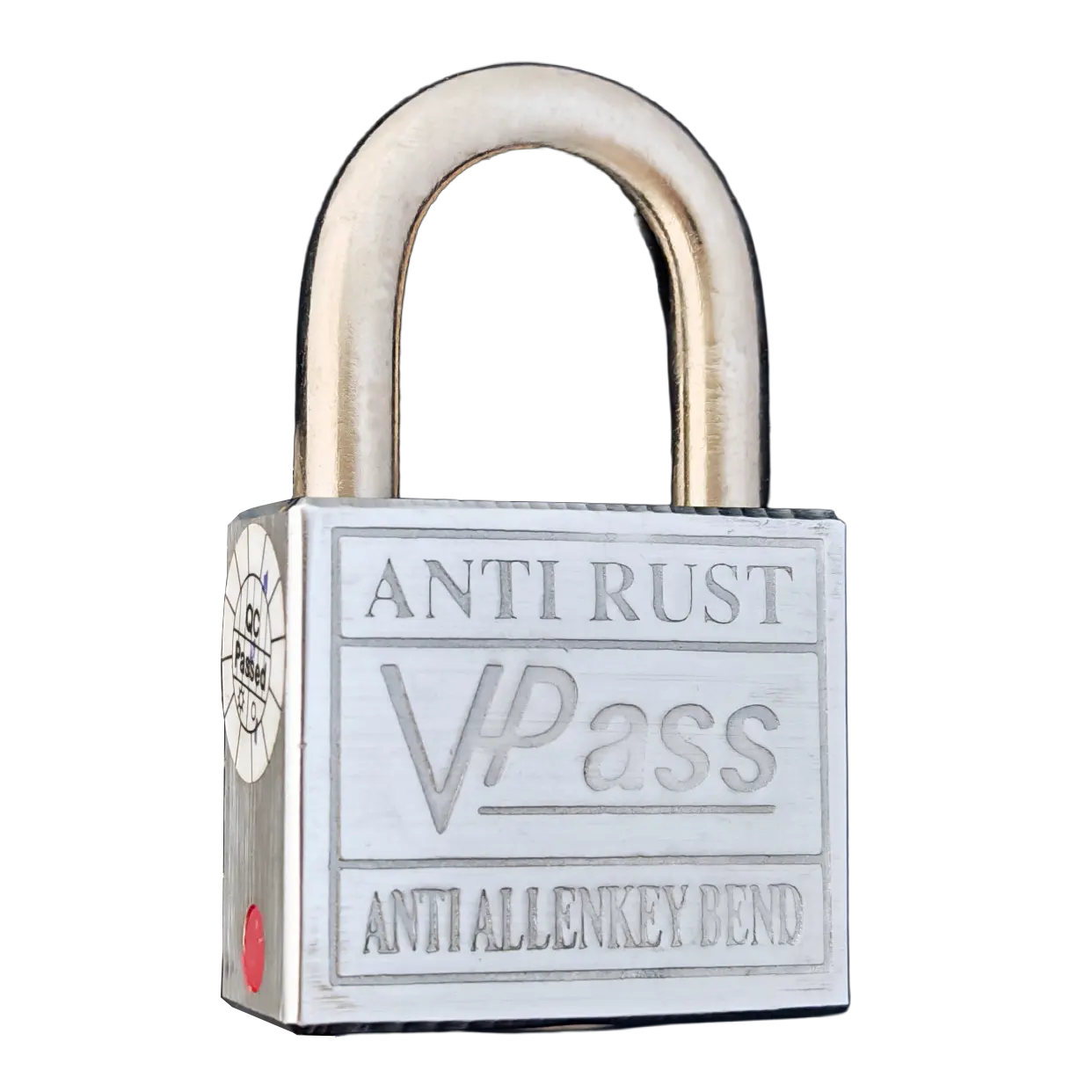 Vpass VS 40 AR 40mm anti-rust padlock side view with QC passed seal