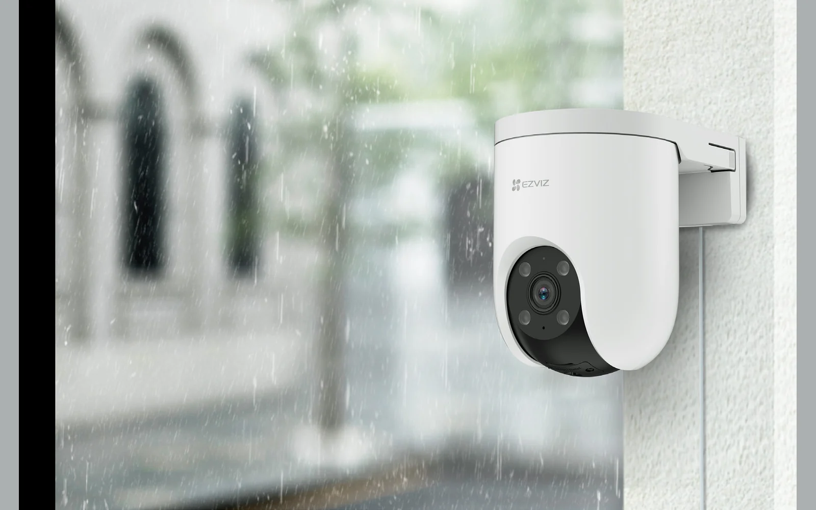 EZVIZ H8c Pro 4K outdoor pan and tilt Wi-Fi camera wall-mounted in the rain