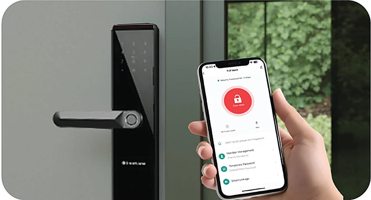Smartverse digital door lock controlled from the Smartverse App on a phone