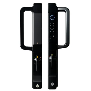 Smartverse SVDLAI001BK aluminium sliding door lock, exterior D-handle with fingerprint reader and keypad beside the interior handle