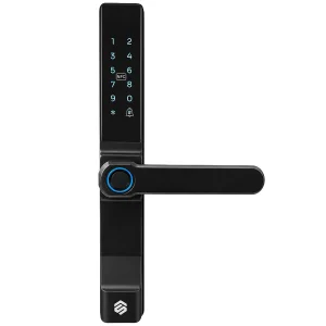 Smartverse SVDLAI002BK narrow-stile aluminium door lock, exterior escutcheon with touch keypad and fingerprint reader beside the lever