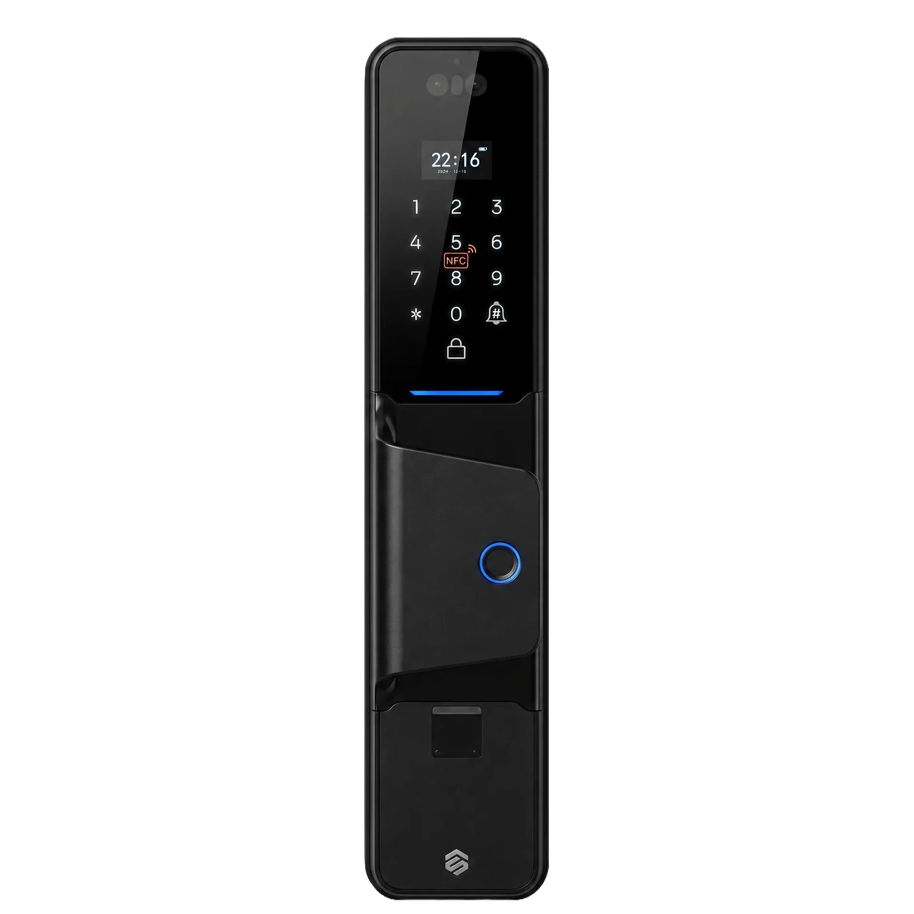 Smartverse SVDLFE001BK full-auto door lock exterior, camera and status display above a backlit keypad with the fingerprint reader on the grip