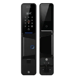 Smartverse SVDLFE001BK full-auto digital door lock, exterior push-pull panel with camera, status display and backlit keypad beside the interior panel