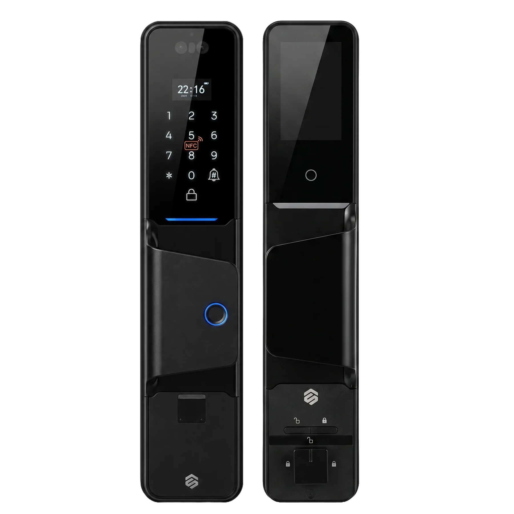 Smartverse F Series SVDLFE001BK full-auto digital door lock, exterior push-pull panel and interior touchscreen panel