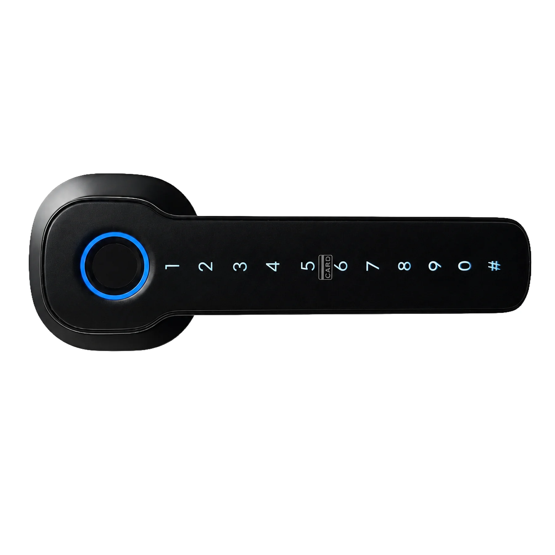 Smartverse SVDLLE001BK lever handle lock exterior, fingerprint ring at the rose and a backlit 0-9 touch keypad along the lever