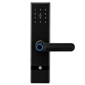 Smartverse SVDLME001BK semi-auto digital door lock, exterior panel with touch keypad, NFC pad and fingerprint reader on the lever