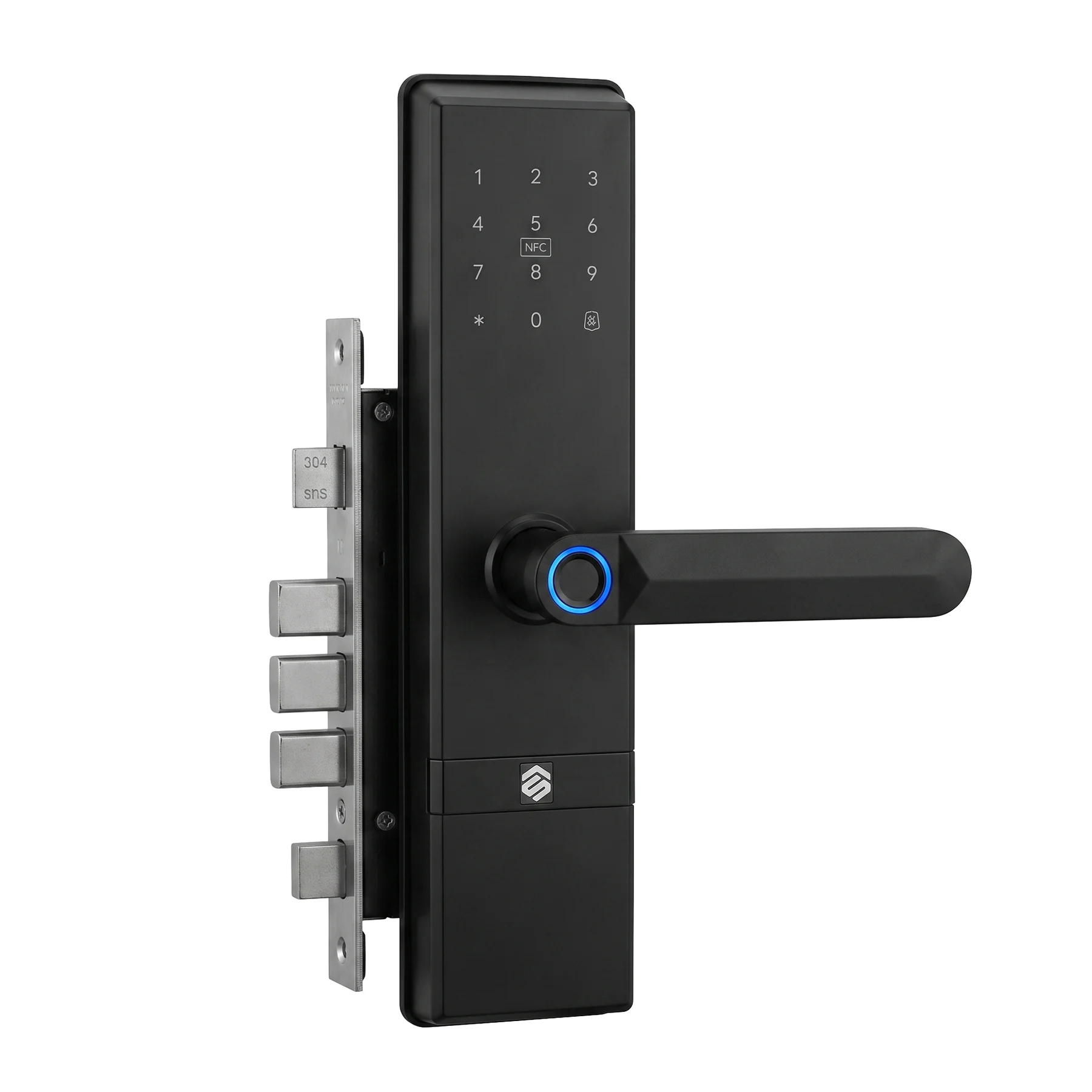 Smartverse SVDLME001BK digital door lock shown with its stainless steel mortise lockcase, four roller latches and deadbolt extended