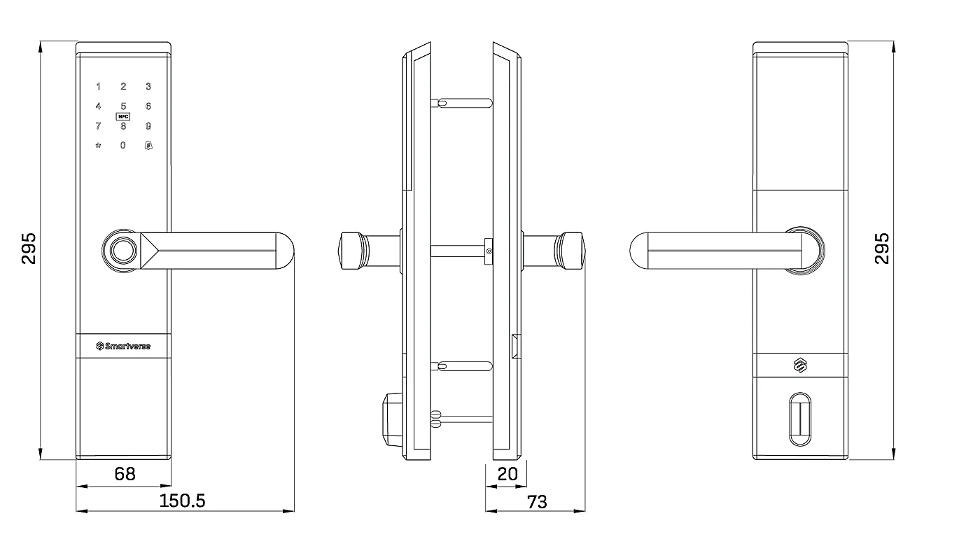 Escutcheon dimension drawing for the SVDLME001BK, panel and faceplate measurements