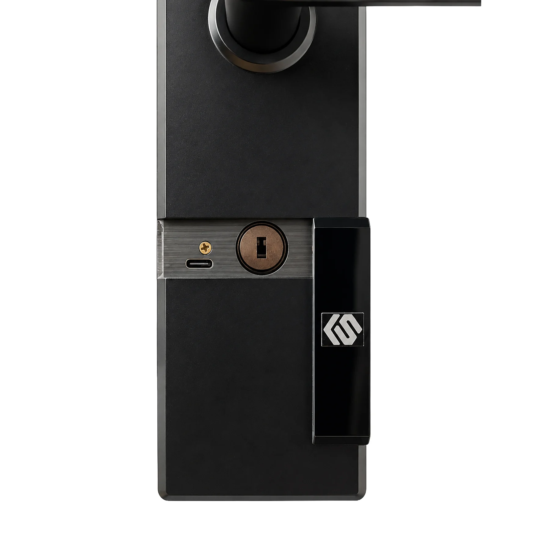 Close-up of the Smartverse SVDLME001BK mechanical emergency key override and USB Type-C emergency charging port under the sliding cover