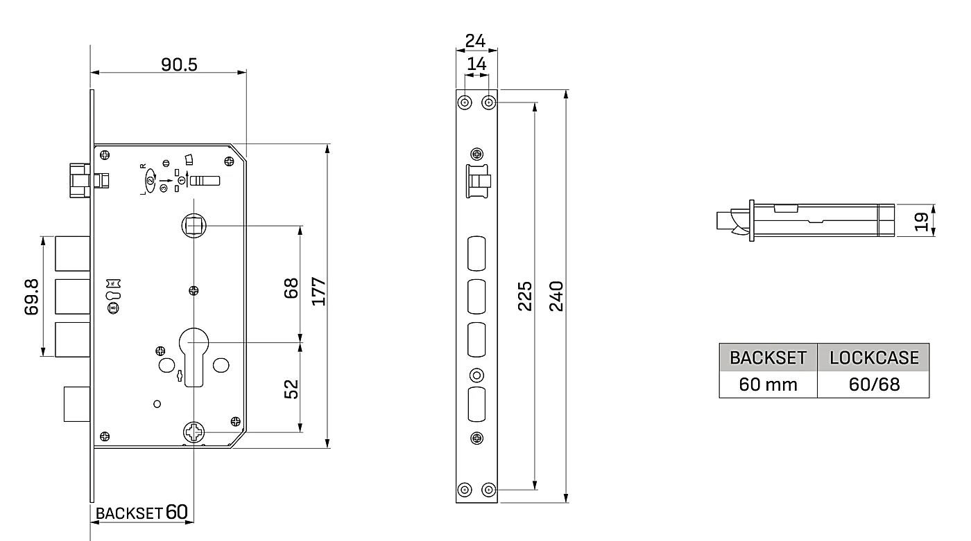 Mortise lockcase drawing showing backset and deadbolt projection