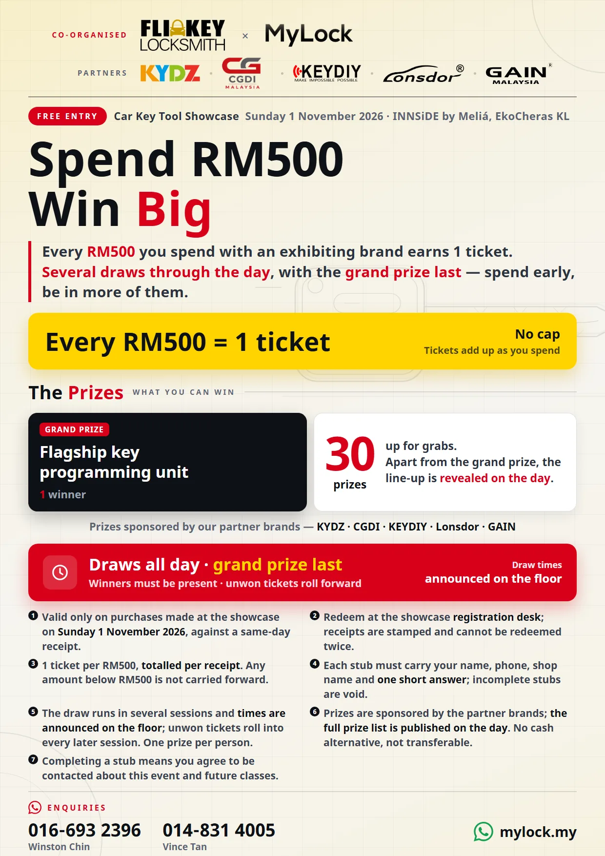 Car Key Tech Day 2026 lucky draw flyer — free entry showcase at INNSiDE by Melia KL Cheras