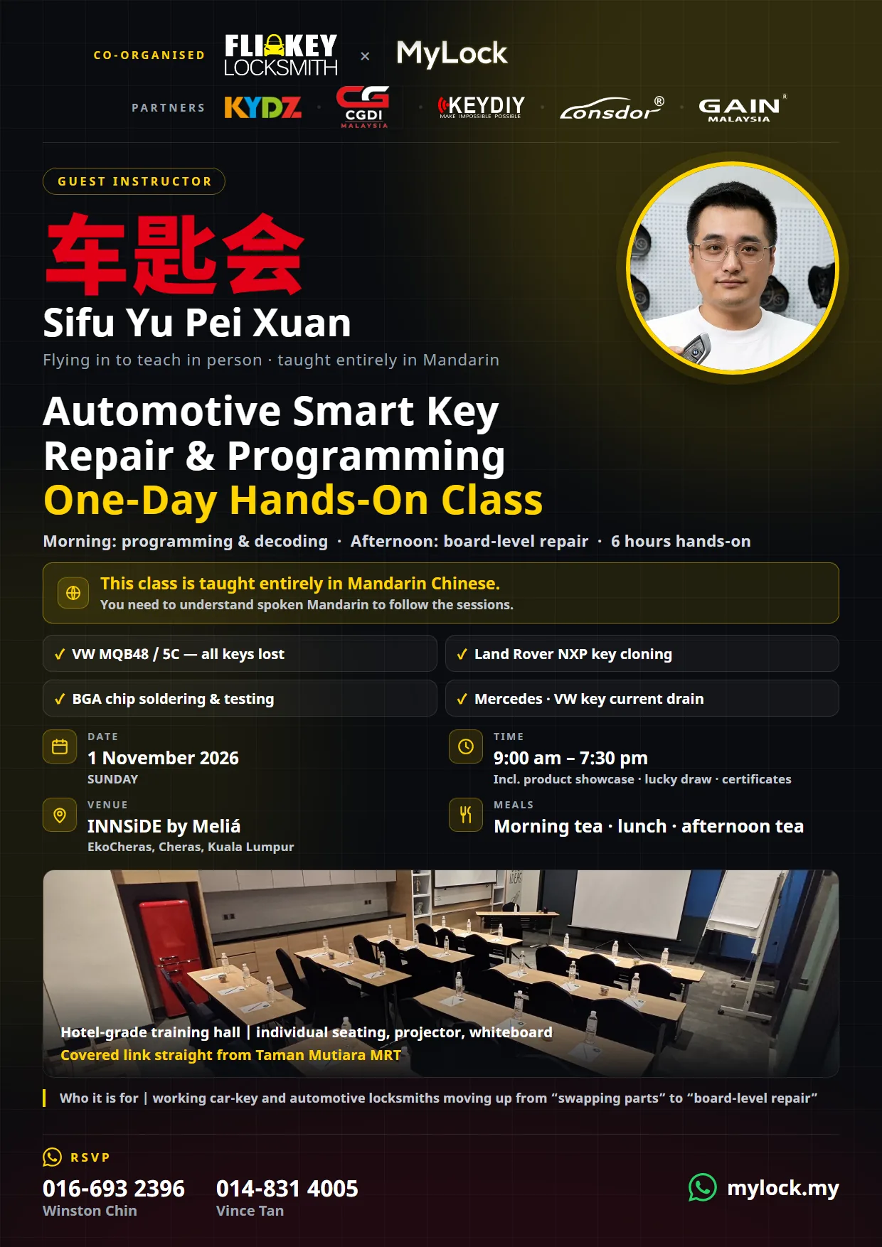 Brochure page 1 of the one-day smart key repair and programming class, RM950 per person, taught in Mandarin