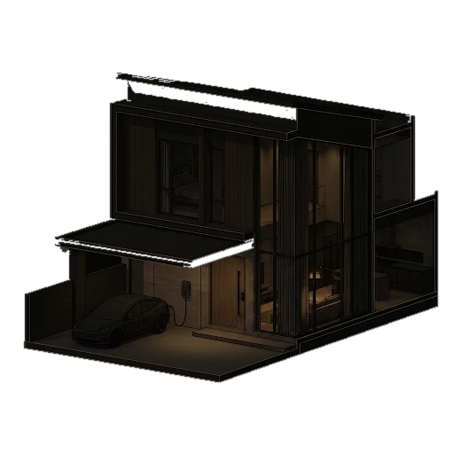 Smartverse demo house shown in cutaway at night — living hall, master bedroom, car porch with EV charger, and the main door with its smart lock