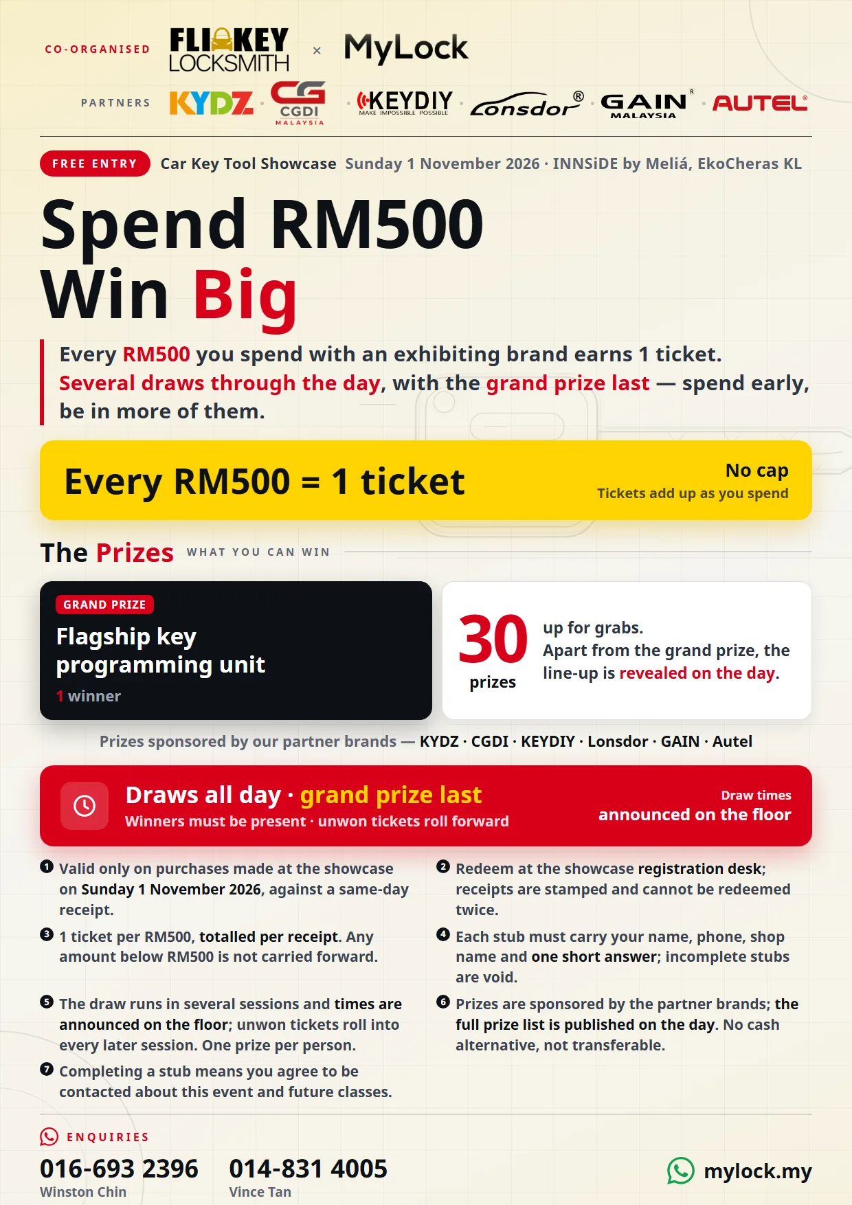 Lucky draw flyer: spend RM500 with an exhibiting brand for one ticket, draws all day, grand prize last, winners must be present.
